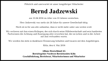 Anzeige von Bernd Jadzewski von Kölner Stadt-Anzeiger / Kölnische Rundschau / Express