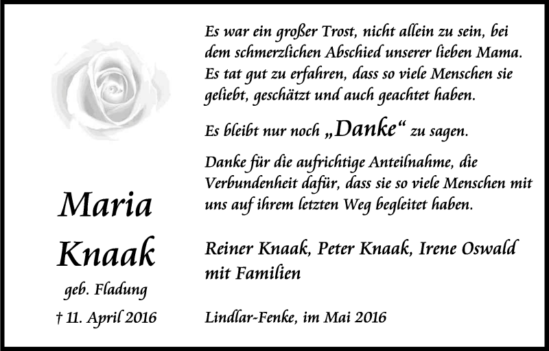  Traueranzeige für Maria Knaak vom 21.05.2016 aus Kölner Stadt-Anzeiger / Kölnische Rundschau / Express