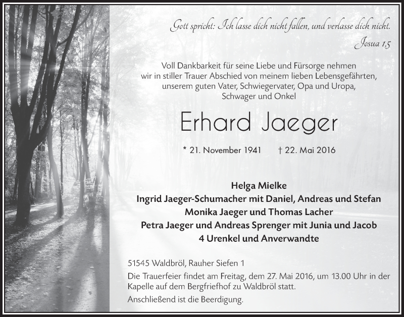  Traueranzeige für Erhard Jaeger vom 25.05.2016 aus  Lokalanzeiger 