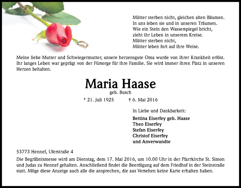  Traueranzeige für Maria Haase vom 11.05.2016 aus Kölner Stadt-Anzeiger / Kölnische Rundschau / Express