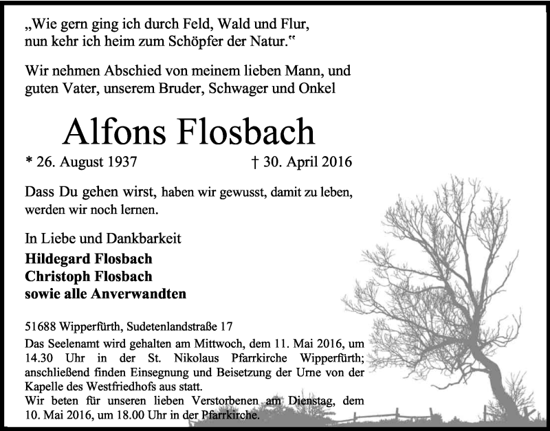  Traueranzeige für Alfons Flosbach vom 04.05.2016 aus Kölner Stadt-Anzeiger / Kölnische Rundschau / Express