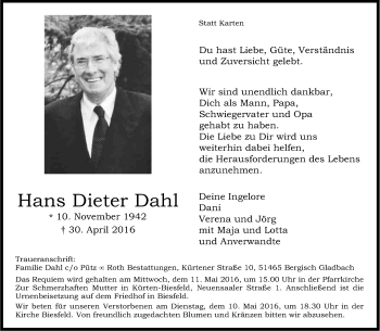 Anzeige von Hans Dieter Dahl von Kölner Stadt-Anzeiger / Kölnische Rundschau / Express
