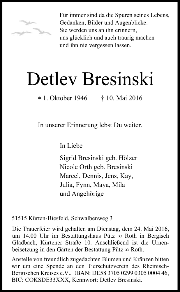  Traueranzeige für Detlev Bresinski vom 19.05.2016 aus Kölner Stadt-Anzeiger / Kölnische Rundschau / Express
