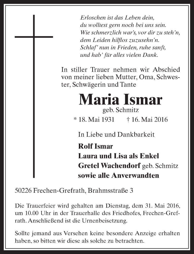  Traueranzeige für Maria Ismar vom 25.05.2016 aus  Wochenende 
