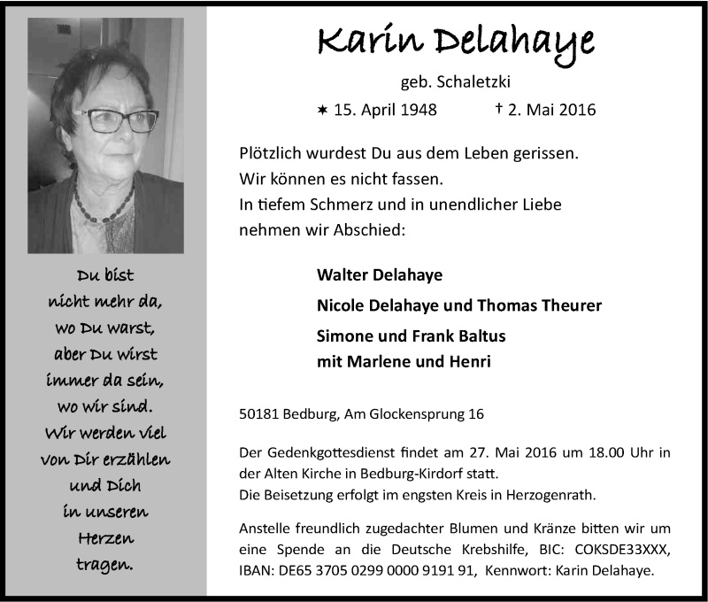  Traueranzeige für Karin Delahaye vom 21.05.2016 aus Kölner Stadt-Anzeiger / Kölnische Rundschau / Express