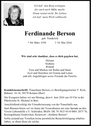 Anzeige von Ferdinande Berson von Kölner Stadt-Anzeiger / Kölnische Rundschau / Express