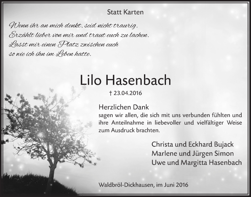  Traueranzeige für Lilo Hasenbach vom 01.06.2016 aus  Lokalanzeiger 