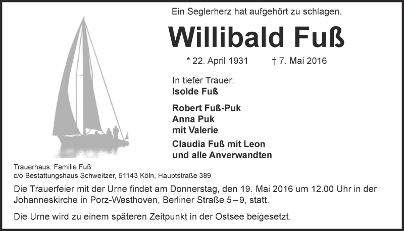  Traueranzeige für Willibald Fuß vom 18.05.2016 aus  Kölner Wochenspiegel 
