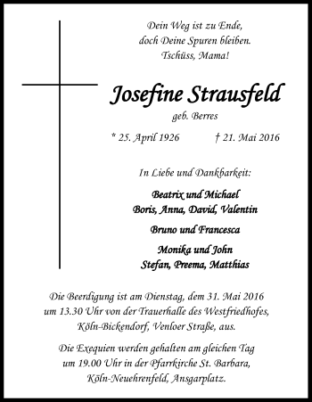 Anzeige von Josefine Strausfeld von Kölner Stadt-Anzeiger / Kölnische Rundschau / Express