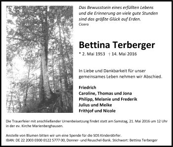 Anzeige von Bettina Terberger von Kölner Stadt-Anzeiger / Kölnische Rundschau / Express