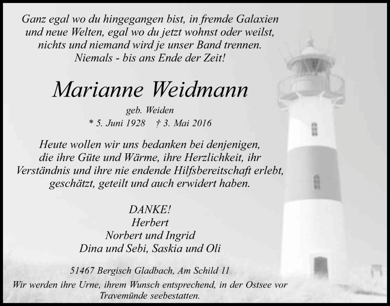  Traueranzeige für Marianne Weidmann vom 14.05.2016 aus Kölner Stadt-Anzeiger / Kölnische Rundschau / Express