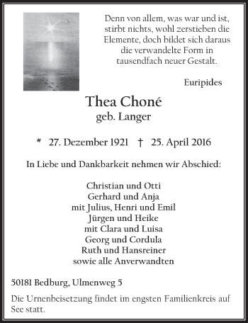 Anzeige von Thea Chone von  Werbepost 