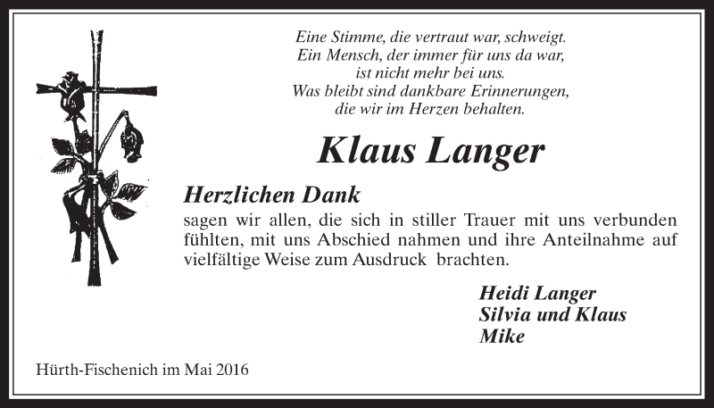  Traueranzeige für Klaus Langer vom 04.05.2016 aus  Wochenende 