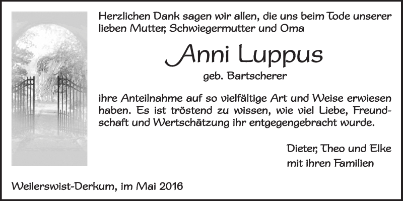  Traueranzeige für Anni Luppus vom 14.05.2016 aus  Blickpunkt Euskirchen 