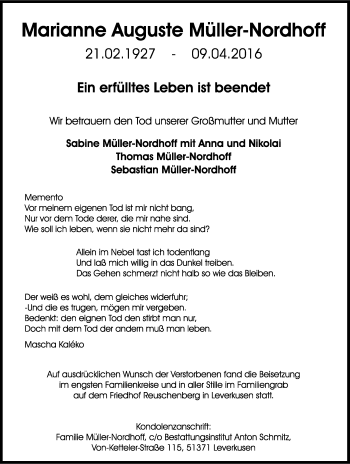 Anzeige von Marianne Auguste Müller-Nordhoff von Kölner Stadt-Anzeiger / Kölnische Rundschau / Express