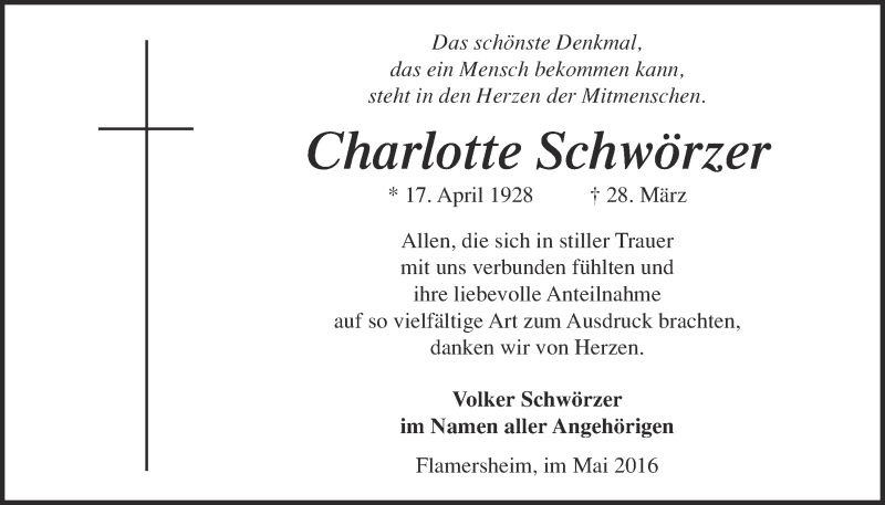  Traueranzeige für Charlotte Schwörzer vom 07.05.2016 aus  Blickpunkt Euskirchen 