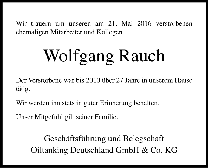  Traueranzeige für Wolfgang Rauch vom 31.05.2016 aus Kölner Stadt-Anzeiger / Kölnische Rundschau / Express