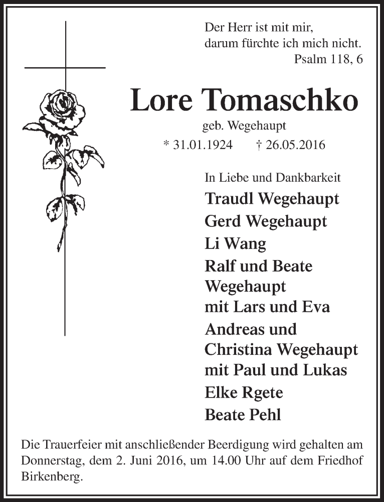  Traueranzeige für Lore Tomaschko vom 01.06.2016 aus  Lokale Informationen 