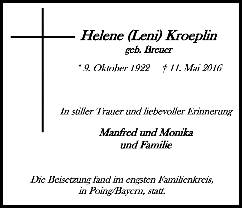  Traueranzeige für Helene  Kroeplin vom 21.05.2016 aus Kölner Stadt-Anzeiger / Kölnische Rundschau / Express