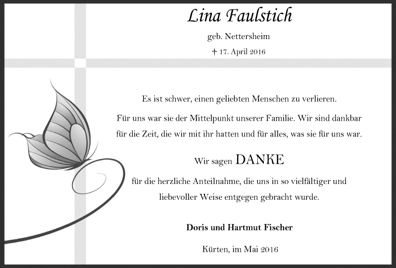  Traueranzeige für Lina Faulstich vom 25.05.2016 aus  Bergisches Handelsblatt 