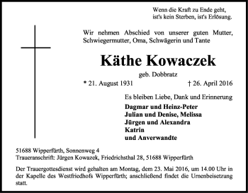 Anzeige von Käthe Kowaczek von Kölner Stadt-Anzeiger / Kölnische Rundschau / Express