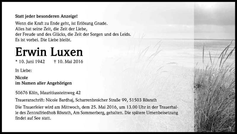  Traueranzeige für Erwin Luxen vom 21.05.2016 aus Kölner Stadt-Anzeiger / Kölnische Rundschau / Express