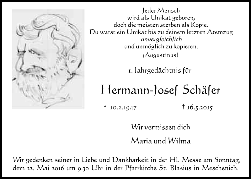  Traueranzeige für Hermann-Josef Schäfer vom 14.05.2016 aus Kölner Stadt-Anzeiger / Kölnische Rundschau / Express