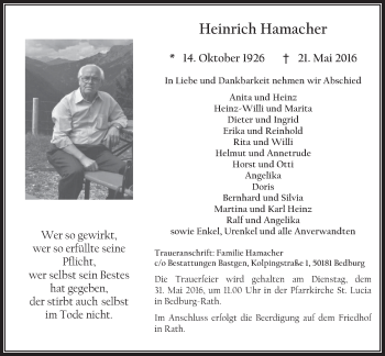 Anzeige von Heinrich Hamacher von  Sonntags-Post 