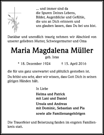 Anzeige von Maria Magdalena Müller von Kölner Stadt-Anzeiger / Kölnische Rundschau / Express