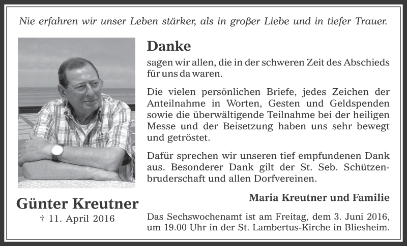  Traueranzeige für Günter Kreutner vom 25.05.2016 aus  Werbepost 