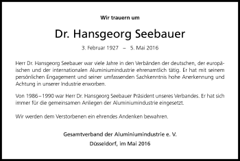 Anzeige von Hansgeorg Seebauer von Kölner Stadt-Anzeiger / Kölnische Rundschau / Express