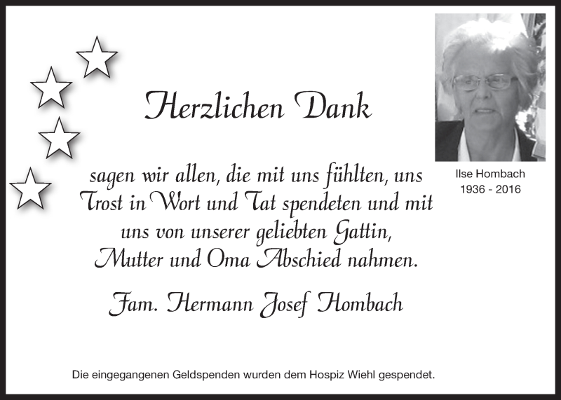  Traueranzeige für Ilse Hombach vom 11.05.2016 aus  Anzeigen Echo 