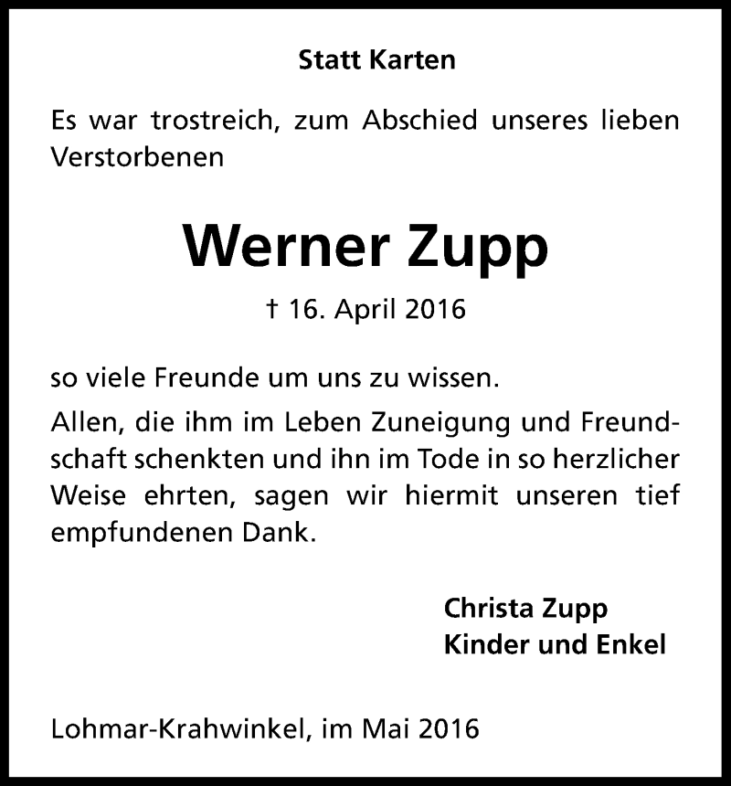  Traueranzeige für Werner Zupp vom 21.05.2016 aus Kölner Stadt-Anzeiger / Kölnische Rundschau / Express