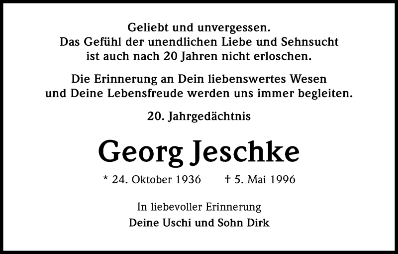  Traueranzeige für Georg Jeschke vom 05.05.2016 aus Kölner Stadt-Anzeiger / Kölnische Rundschau / Express