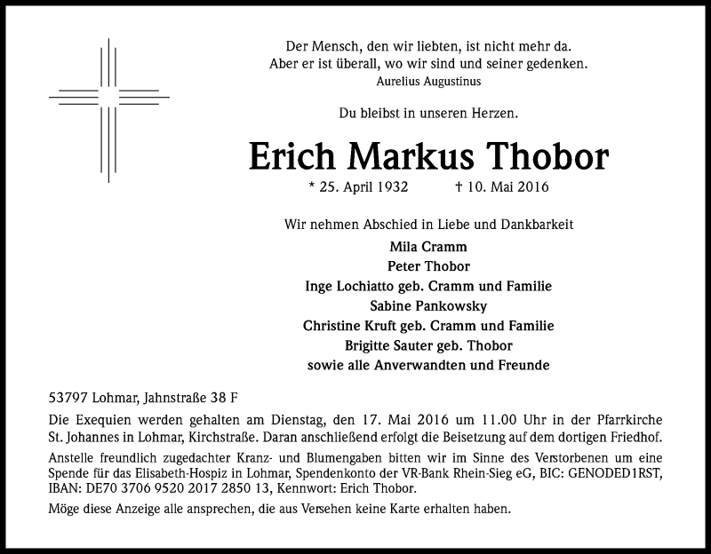  Traueranzeige für Erich Markus Thobor vom 14.05.2016 aus Kölner Stadt-Anzeiger / Kölnische Rundschau / Express