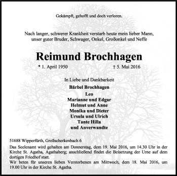Anzeige von Reimund Brochhagen von Kölner Stadt-Anzeiger / Kölnische Rundschau / Express