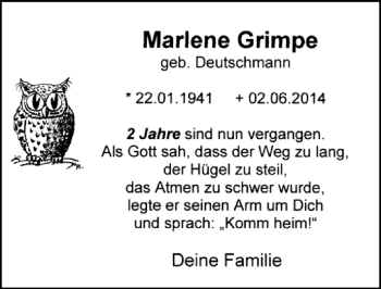 Anzeige von Marlene Grimpe von  Kölner Wochenspiegel 