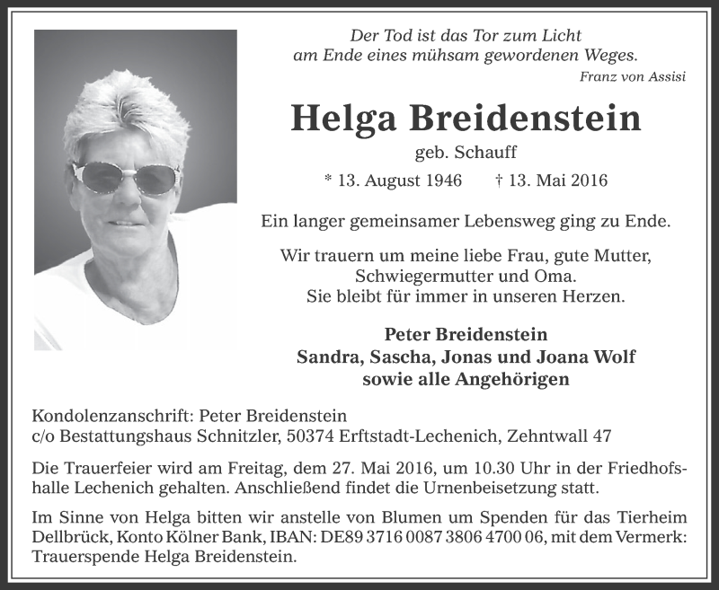  Traueranzeige für Helga Breidenstein vom 25.05.2016 aus  Werbepost 