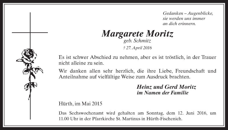  Traueranzeige für Margarete Moritz vom 01.06.2016 aus  Wochenende 