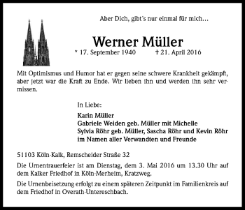 Anzeige von Werner Müller von Kölner Stadt-Anzeiger / Kölnische Rundschau / Express