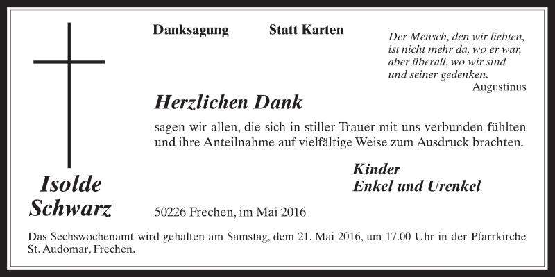  Traueranzeige für Isolde Schwarz vom 18.05.2016 aus  Wochenende 