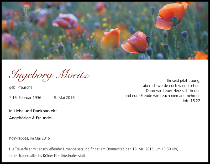 Traueranzeige für Ingeborg Moritz vom 14.05.2016 aus Kölner Stadt-Anzeiger / Kölnische Rundschau / Express
