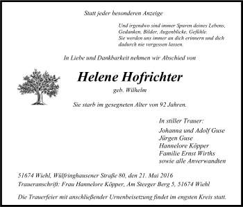 Anzeige von Helene Hofrichter von Kölner Stadt-Anzeiger / Kölnische Rundschau / Express