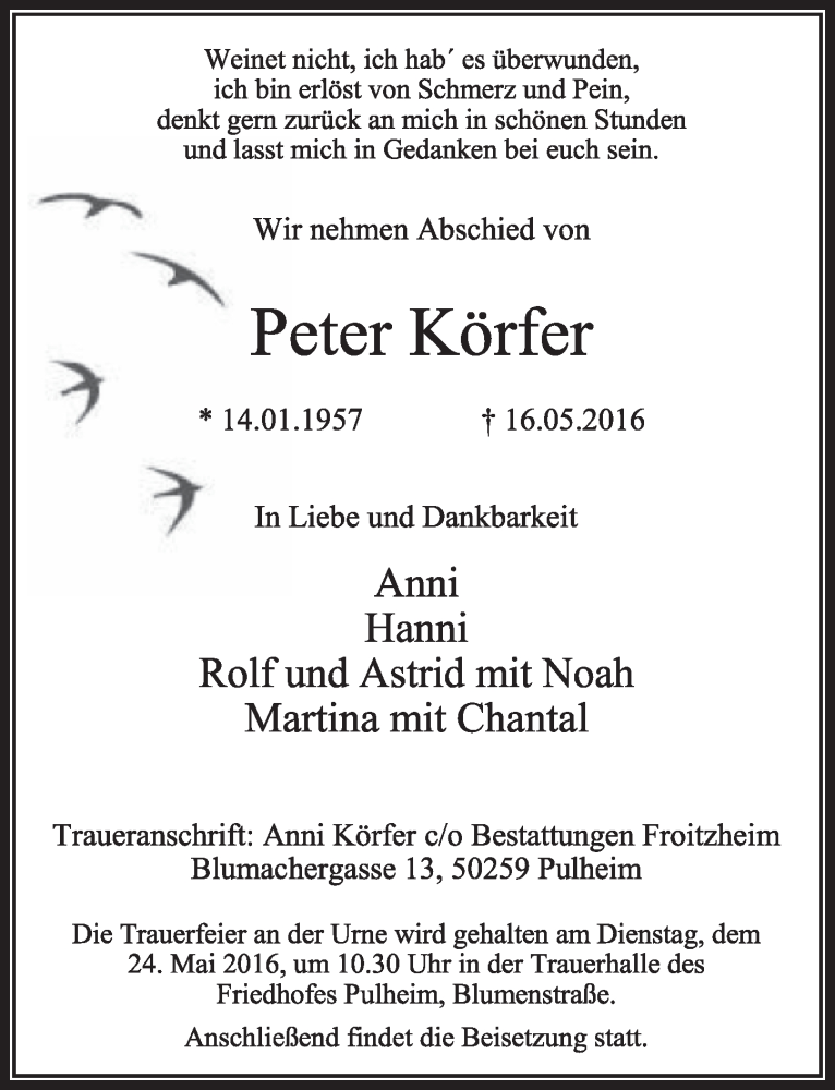  Traueranzeige für Peter Körfer vom 21.05.2016 aus  Sonntags-Post 