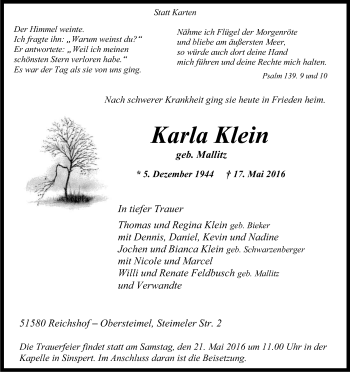 Anzeige von Karla Klein von Kölner Stadt-Anzeiger / Kölnische Rundschau / Express