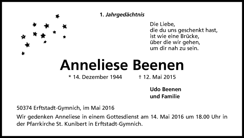 Traueranzeige für Anneliese Beenen vom 11.05.2016 aus Kölner Stadt-Anzeiger / Kölnische Rundschau / Express