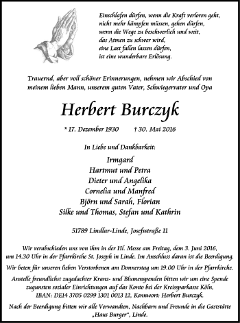 Anzeige von Herbert Burczyk von Kölner Stadt-Anzeiger / Kölnische Rundschau / Express