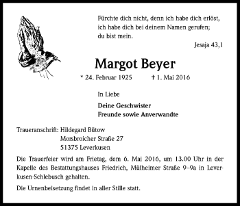 Anzeige von Margot Beyer von Kölner Stadt-Anzeiger / Kölnische Rundschau / Express