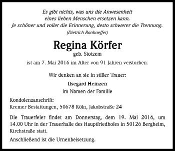 Anzeige von Regina Körfer von Kölner Stadt-Anzeiger / Kölnische Rundschau / Express