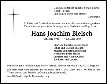 Anzeige von Hans Joachim Bleisch von Kölner Stadt-Anzeiger / Kölnische Rundschau / Express